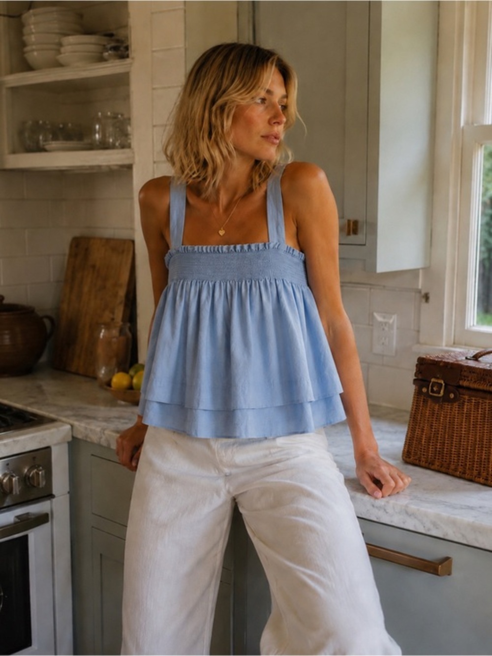 Gianni bini blue smocked layered linen blend tank XS